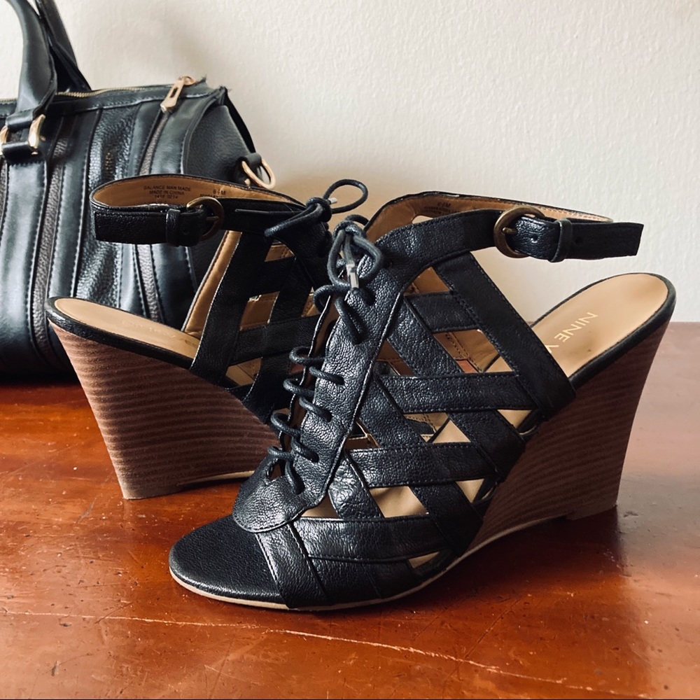 Nine West Cage Wedges | Platform Sandals | black | sz 6.5 Genuine Leather Heels